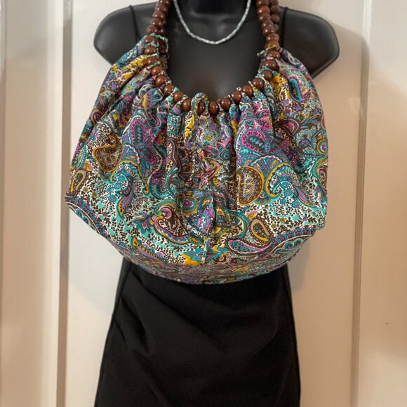 Vibrant Paisley Hobo Bag with Wooden Bead Handles - Picture 5 of 14